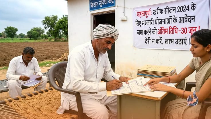 A farmer filling a government scheme application form at a Kisan help centre