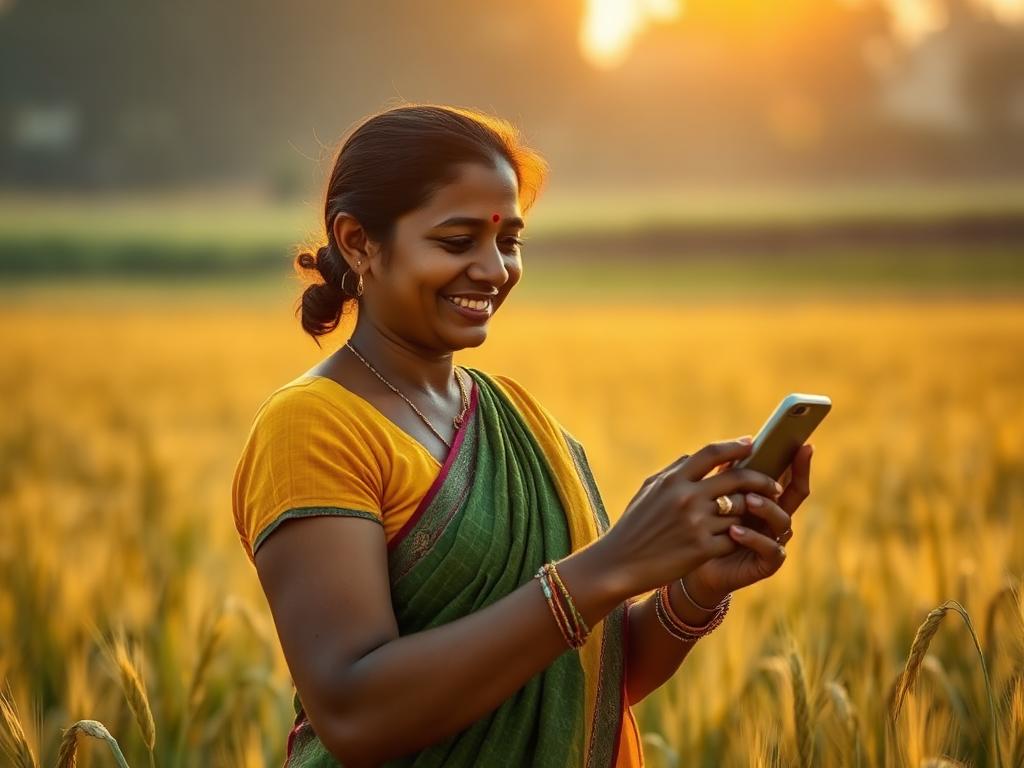 A woman farmer using a smartphone in a wheat field