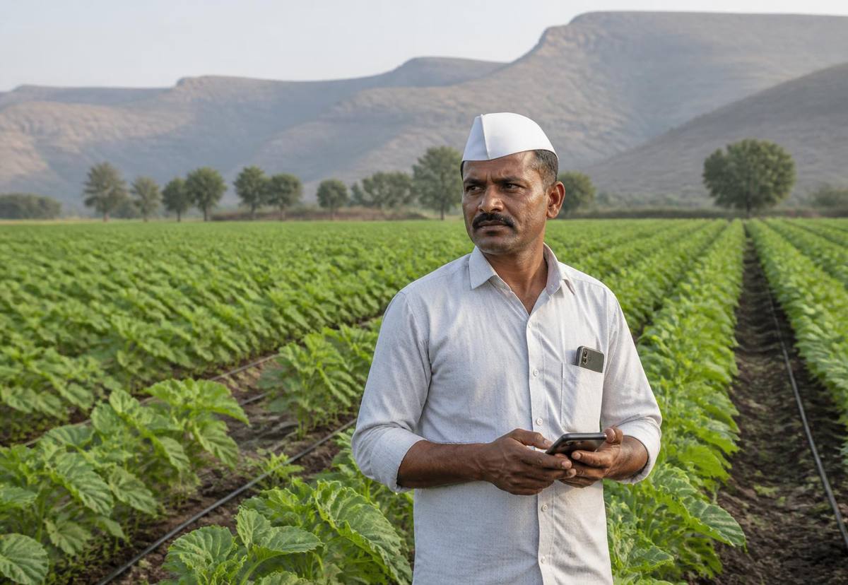 A farmer inspecting a soybean crop in a field